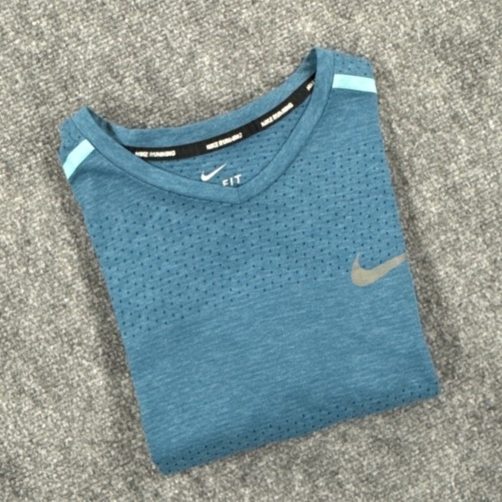 Nike Running Dri-FIT Shirt Mens Large Teal Blue Perforated Reflective Mesh Tee